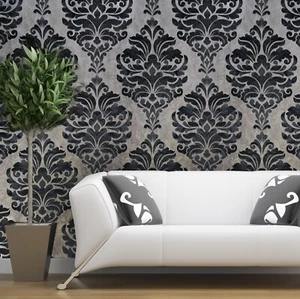 Wallpaper flocking brown taupe black Flocked Victorian velvet large damask rolls - Picture 1 of 12