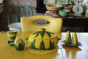 Vintage Corn on the Cob Set, Ceramic Corn Tureen or Covered Dish, Napkin Holder - Picture 1 of 10