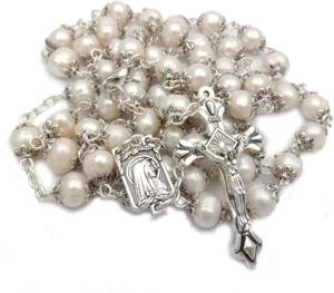 Rosary Beads Catholic for Woman - White Natural Real Pearl Rosary Beads. - Picture 1 of 12