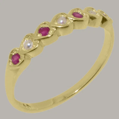 Solid 18k Yellow Gold Cultured Pearl & Ruby Womens Eternity Ring - Image 1 of 4