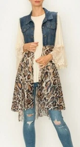 NEW ORIGAMI cardigan LACE DENIM vest shirt SM-3XL BOHEMIAN LEOPARD ANIMAL PRINT - Picture 1 of 4