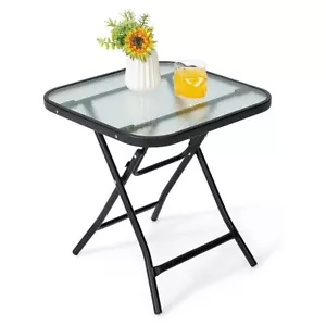 Folding Square Glass Side Table, Portable Patio Bistro with Glass Tabletop,Black - Picture 1 of 5