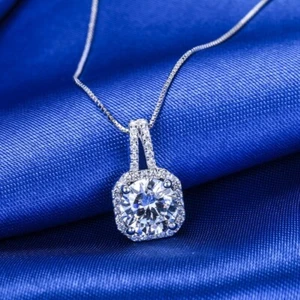925 Sterling Silver 8mm CZ Gemstone Halo Pendant Chain Necklace Women Girl Gift - Picture 1 of 11