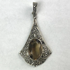 Smoky Quartz Marcasite Sterling Silver 925 Victorian Filigree Style Pendant - Picture 1 of 6