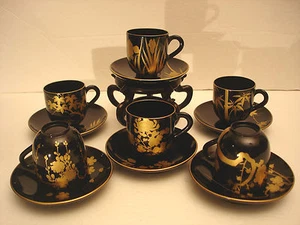 JAPANESE MEIJI PERIOD LACQUERED WOOD CUP & SAUCER SET / 6 - Picture 1 of 12