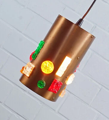 Copper ceiling lamp pendant light with colored plastic elements vintage RARE - Image 1 of 4