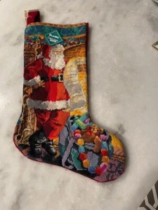 VTG Finished Bucilla Needlepoint Christmas Stocking, Checking IT Twice - Picture 1 of 4