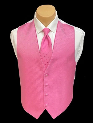 Men's Shiny Pink Tuxedo Vest with Tie Bow or Long Groom Prom Wedding Party - Image 1 of 3