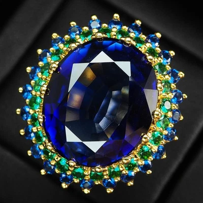 ANILLOS HALO ATEMPORALES - TANZANITA AZUL REAL OVALADO 26,55 QUILATES PLATA ESTERLINA 925 REGALO Foto 1 de 4