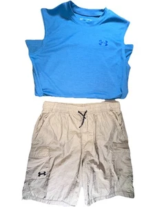 Under Armour Boys Large Shorts Beige & Top Blue Nylon Polyester - Picture 1 of 15