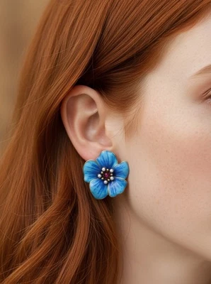 Museum Earrings Flower Pearl Blue CZ VTG Court Boho Statement Stud Gold Palace - Image 1 of 4