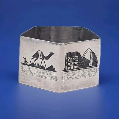 Persian Sterling Silver and Niello Hexagonal Napkin Ring - Image 1 of 4