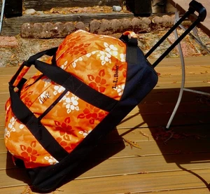 LL Bean XL 30" Rolling Duffle Bag Handle Shoulder Strap Orange Hibiscus Floral - Picture 1 of 10