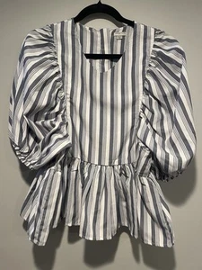 Habitual Girl Top Size 14 Balloon Sleeve Blue White Stripes Blouse Shirt NWOT - Picture 1 of 14