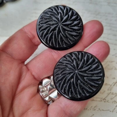 2 Large ANTIQUE 35mm NAPOLEON III 1880 VICTORIAN BUTTONS BLACK GLASS BUTTONS - Image 1 of 4
