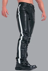 Leather Pants Men Pant Trousers Slim Biker Fit Men's Jeans Style Real Black 23 - Picture 1 of 3