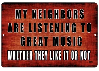 Letrero de hojalata My Music My Neighbors cita divertida decoración de pared roja tipo placa 12x8 Foto 1 de 4