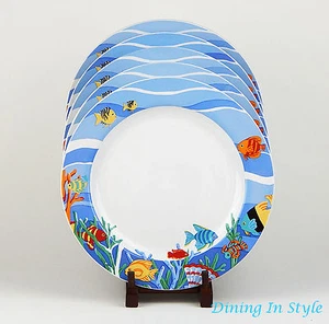 Set of 2 Dinner Plates, SUPERB! Under The Sea, Tienshan, Blue Waves, Fish 2487 - Picture 1 of 4