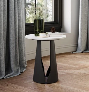 POVISON 15" Small Round Side End Table White Stone Chic Carbon Steel Base - Picture 1 of 3