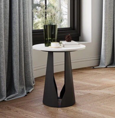 POVISON 15" Small Round Side End Table White Stone Chic Carbon Steel Base - Image 1 of 3