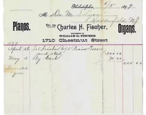 1899 William G. Fischer Klavierorgel Kaufempfang 8,5" x 7,5" Philadelphia - Bild 1 von 2