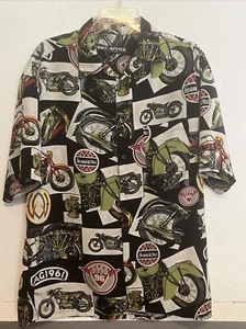 VTG BOX OFFICE M HARLEY DAVIDSON INDIAN MOTORCYCLE BLACK HAWAIIAN SHIRT POLY - Picture 1 of 7