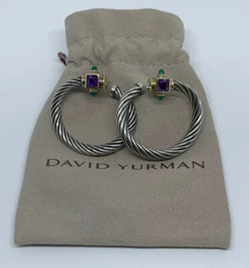 David Yurman Sterling 14k Yellow Gold Hoop Renaissance Amethyst Emerald Earrings - Picture 1 of 9