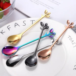 Stainless Steel Leaf Branch Metal Teaspoon Coffee Dessert Spoon Gift Idea 5Color - Picture 1 of 25