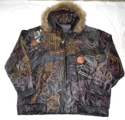 Brooklyn Bound Mens Leather Jacket Size 3XL Sports Themed Detachable Hood w/Fur - Image 1 of 4