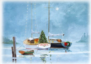 NOEL Sailboats at Twilight Box of 18 Nautical Christmas Cards - Picture 1 of 2