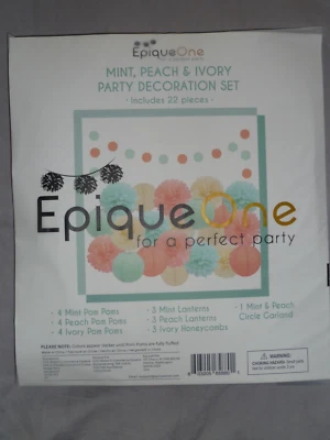 22 Party Decoration Set Mint, Peach & Ivory Lanterns Pom Poms Garland - Image 1 of 2