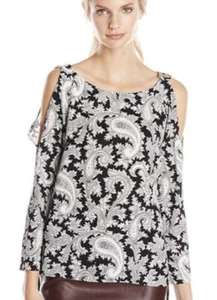 French Connection schwarz Multi Paisley Schulterfrei Langarm Bluse Top Gr. 6 - Bild 1 von 7