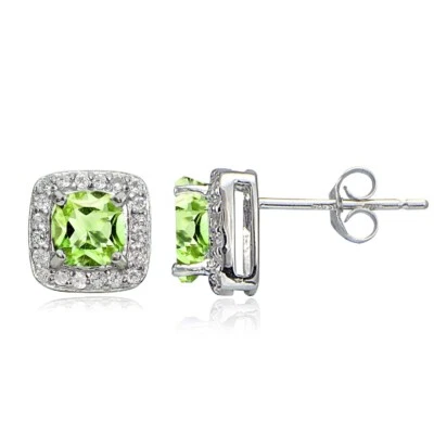 Sterlingsilber 2ct Peridot & Weiß Topas Kissen-Schliff Ohrstecker Ohrringe - Bild 1 von 3
