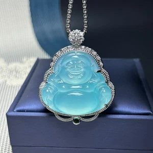 Colgante y collares de Buda de jadeíta birmano azul hielo con incrustación natural - Imagen 1 de 11