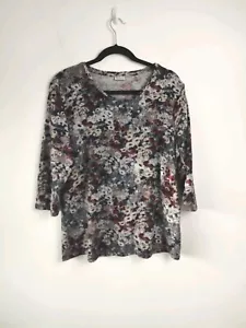 Damart Womens Grey black Red knit top Size 18 20 Short Sleeve Casual Floral - Picture 1 of 6
