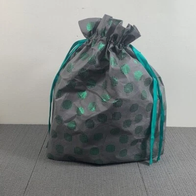 Fabric Drawstring Gift Bag L Gray Metallic Green Satin Ribbon Polybag 24x11x25 - Image 1 of 4