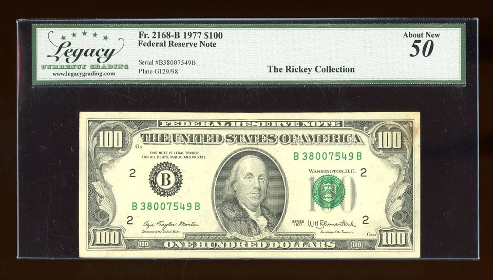 DBR 1977 $100 FRN New York Fr. 2168-B Legacy AU-50 Serial B38007549B - Image 1 of 2