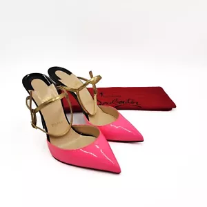 Christian Louboutin Neon Pink Patent Leather 100 Ankle Strap Heels Pumps EU 37 - Picture 1 of 12