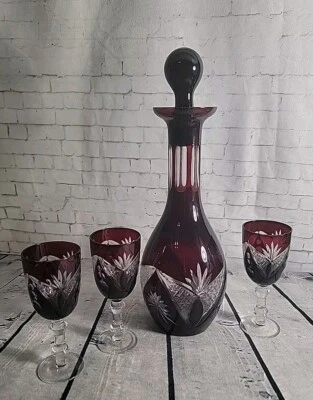 BOHEMIAN CZECH CRYSTAL 13.5" RED RUBY CUT TO CLEAR DECANTER, 3 CORDIAL GLASSES - Image 1 of 4