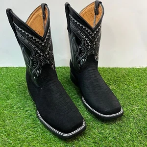 Mens WESTERN COWBOY Leather PYTHON MATTE BLACK Print Square Toe Boots BOTA PITON - Picture 1 of 11