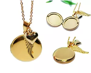 MEDAILLON mit Herz und Engelsfügel Kette Anhänger Halskette Foto Edelstahl gold - Bild 1 von 8