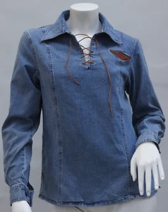 Vintage 90s Women's Harley-Davidson Motorcycles Denim Shirt Tunic Lace Up Top - Picture 1 of 7