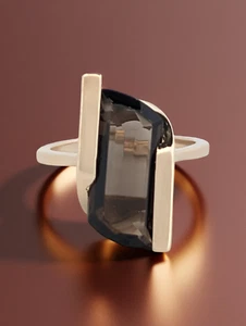 ANELLO ESEMCO ALLUNGATO QUARZO FUMÉ TAGLIO FANTASIA ORO MASSICCIO 14K MISURA 6 #7904 - Foto 1 di 8