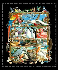 Birds Birdwatching Black 35" Panel 100% Cotton Fabric by The Panel - Picture 1 of 1