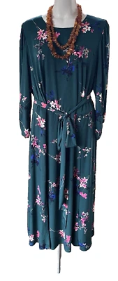 Eliza J 20W Green jersey Dress with Pink, White, Black Floral Print Back Zip 49” - Image 1 of 4