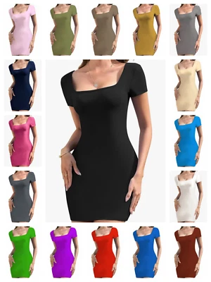 WOMEN'S DRESS SHORT SLEEVE SQUARE NECK BODYCON MINI SUMMER PENCIL TIGHT DRESS - Image 1 of 2