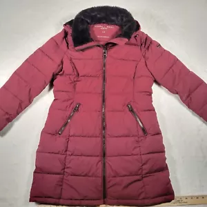 Andrew Marc Womens Fully Lined Long Stretch Jacket Burgundy Large hooded NWT - Picture 1 of 9