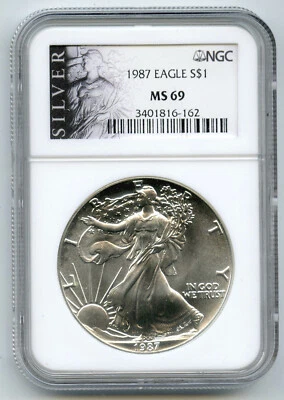 1987 American Eagle 1 Oncia Argento Dollaro NGC MS69 Certificato Moneta - L643 - Immagine 1 di 2