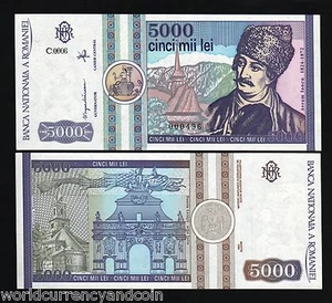 ROMANIA 5000 5,000 LEI P-103 1992 AVRAM CHURCH UNC DRAGON MONEY BILL BANK NOTE - Picture 1 of 1