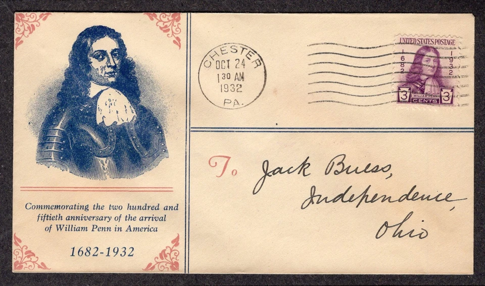 1932 William Penn Pennsylavania 250th(Scott 724) - Linprint CHESTER PA FDC TD740 - Image 1 of 1